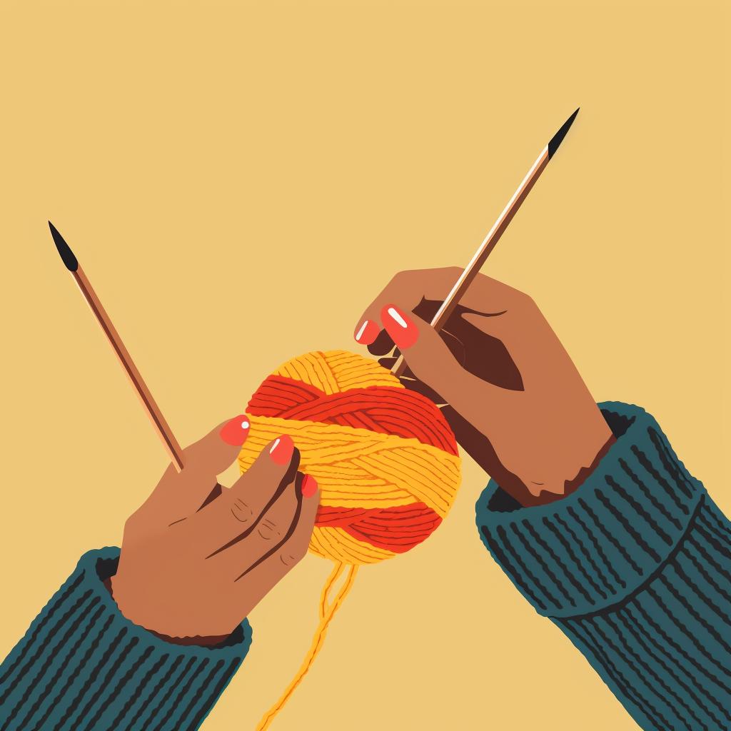 Hands casting on stitches on a knitting needle