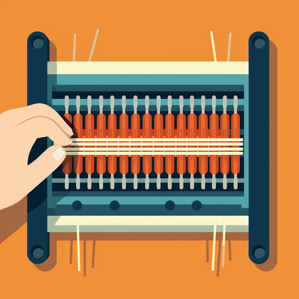 Hands binding off the final row of stitches on a knitting loom